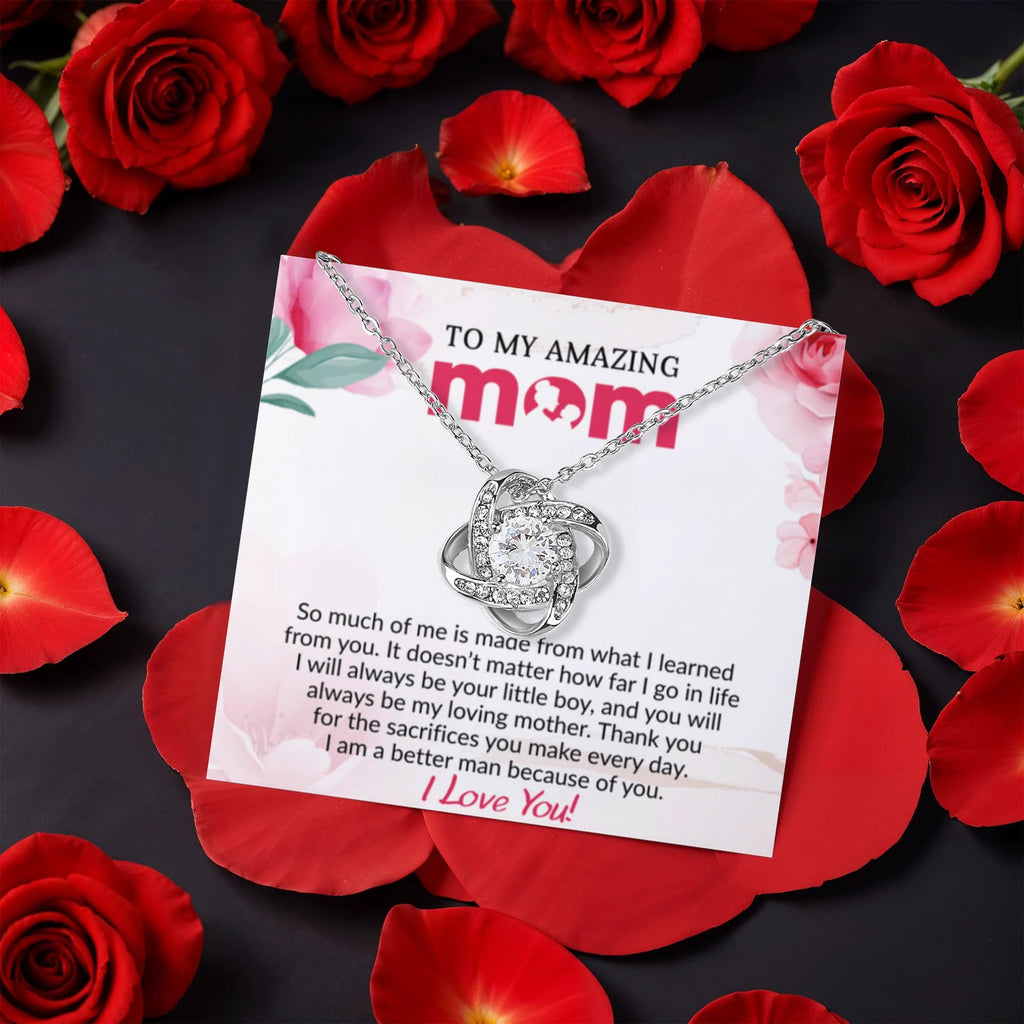 To My Mom - Because of You - Love Knot Necklace with Rose Gift Box from Son