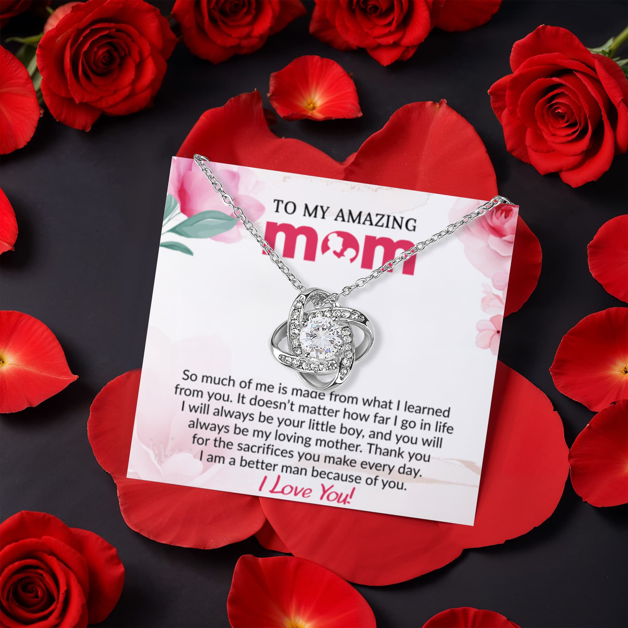 To My Mom - Because of You - Love Knot Necklace with Rose Gift Box from Son - Mallard Moon Gift Shop