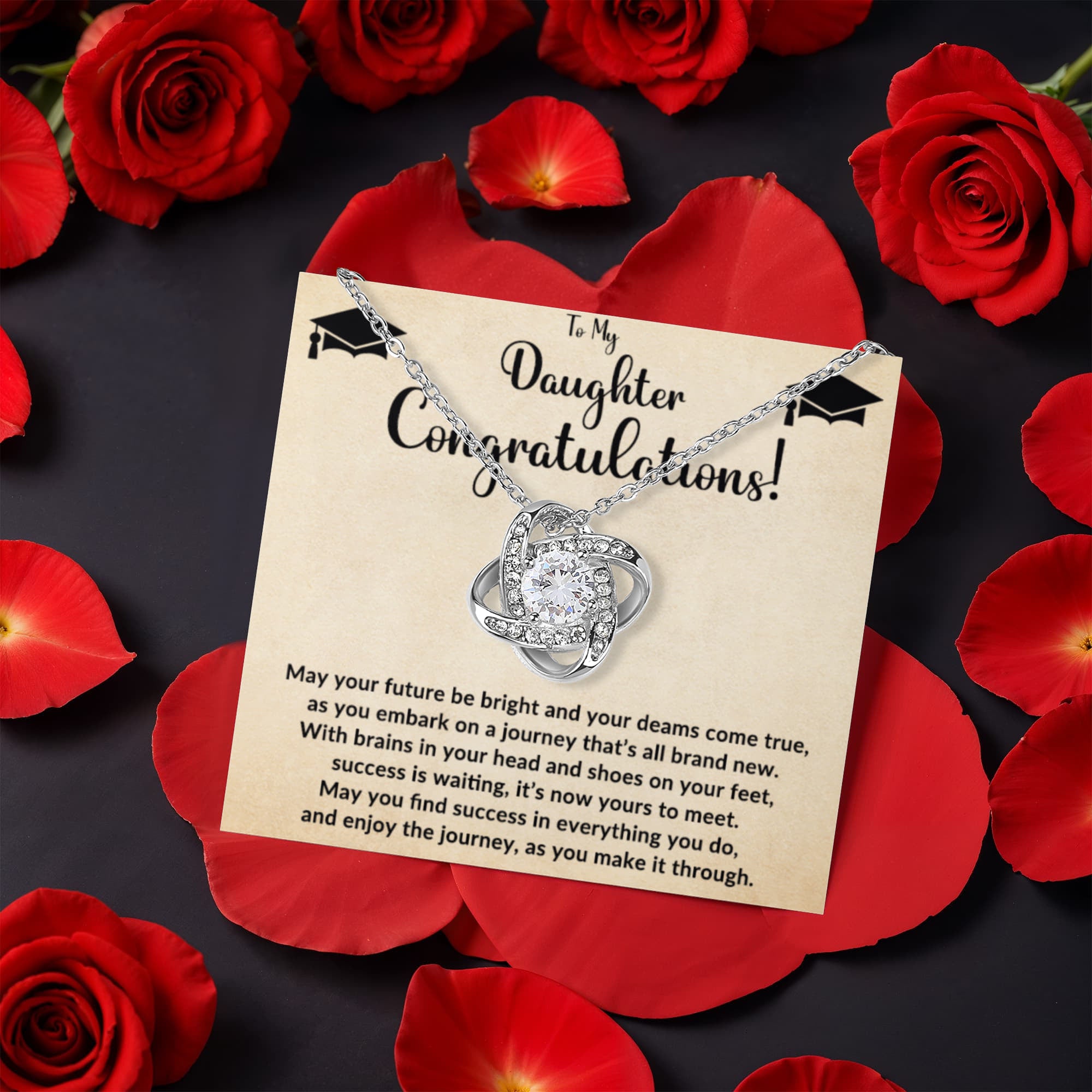 To My Daughter – Graduation Gift - Love Knot Necklace with Rotating Rose Jewelry Box - Mallard Moon Gift Shop