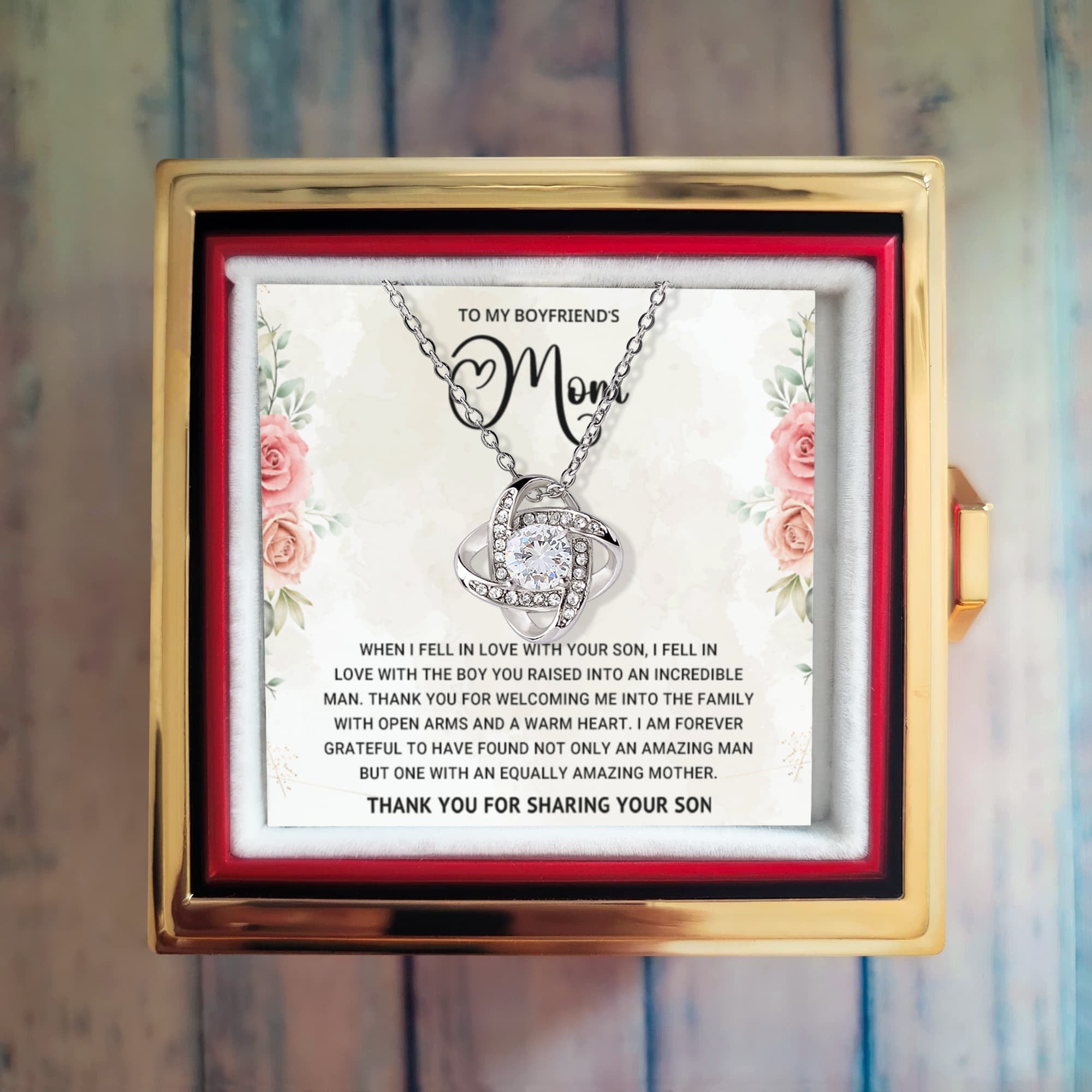 To My Boyfriend's Mom - Thank You For Sharing Your Son - Love Knot Necklace with Rose Gift Box - Mallard Moon Gift Shop