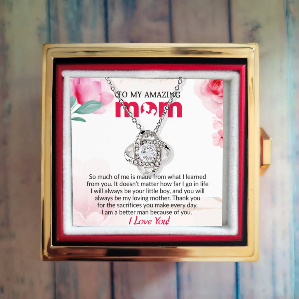To My Mom - Because of You - Love Knot Necklace with Rose Gift Box from Son