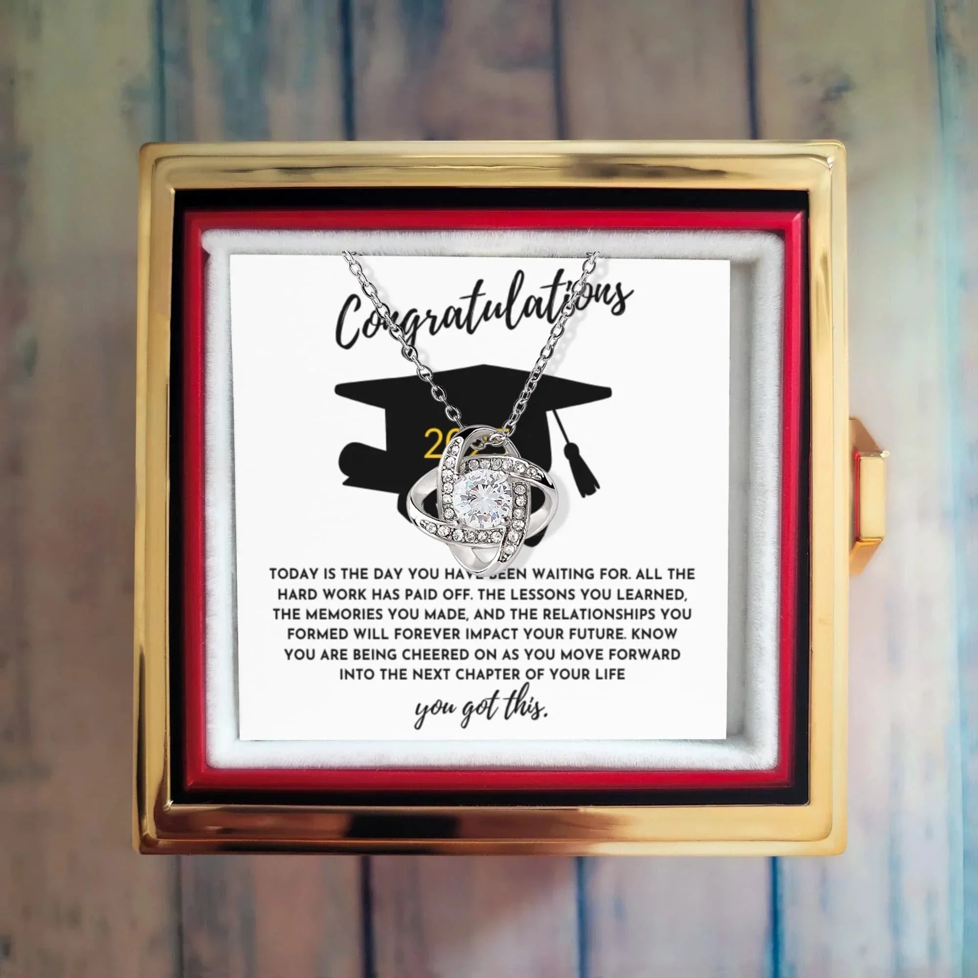 Congratulations Graduation Gift for Her – Rotating Rose Love Knot Necklace with Heartfelt Message Card – Class of 2025 Jewelry for Daughter, Granddaughter, Niece or Friend