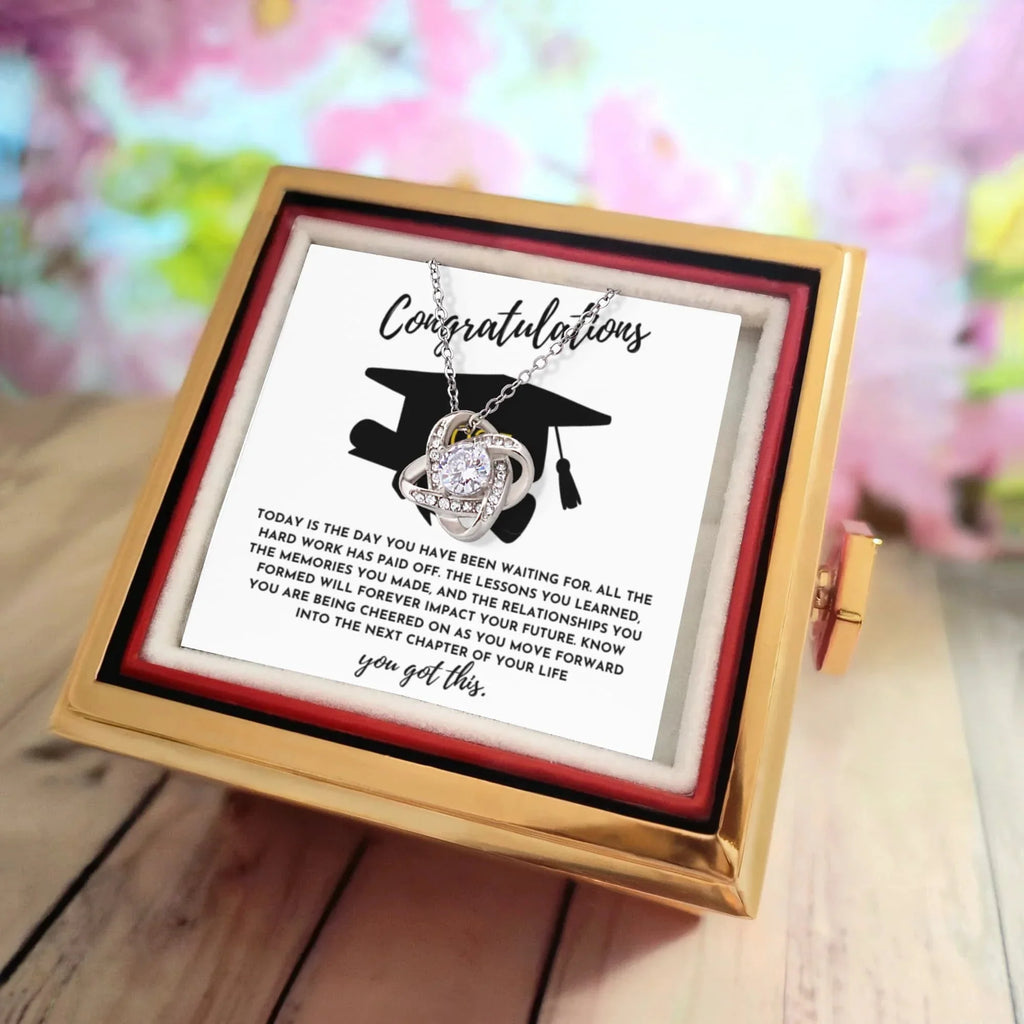 Congratulations Graduation Gift for Her – Rotating Rose Love Knot Necklace with Heartfelt Message Card – Class of 2025 Jewelry for Daughter, Granddaughter, Niece or Friend