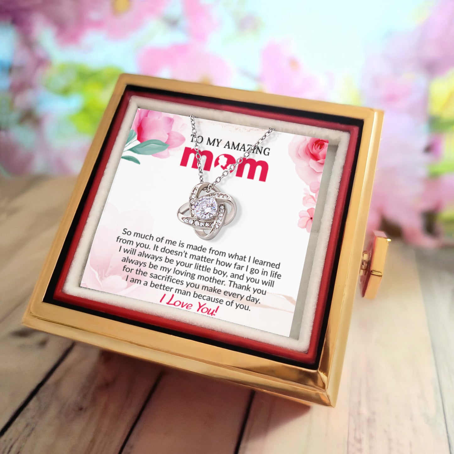 To My Mom - Because of You - Love Knot Necklace with Rose Gift Box from Son - Mallard Moon Gift Shop