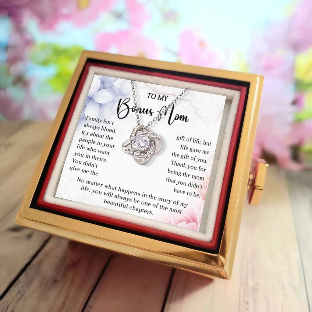 Gift for Your Bonus Mom - Beautiful Chapter - Love Knot Necklace with Rose Gift Gox