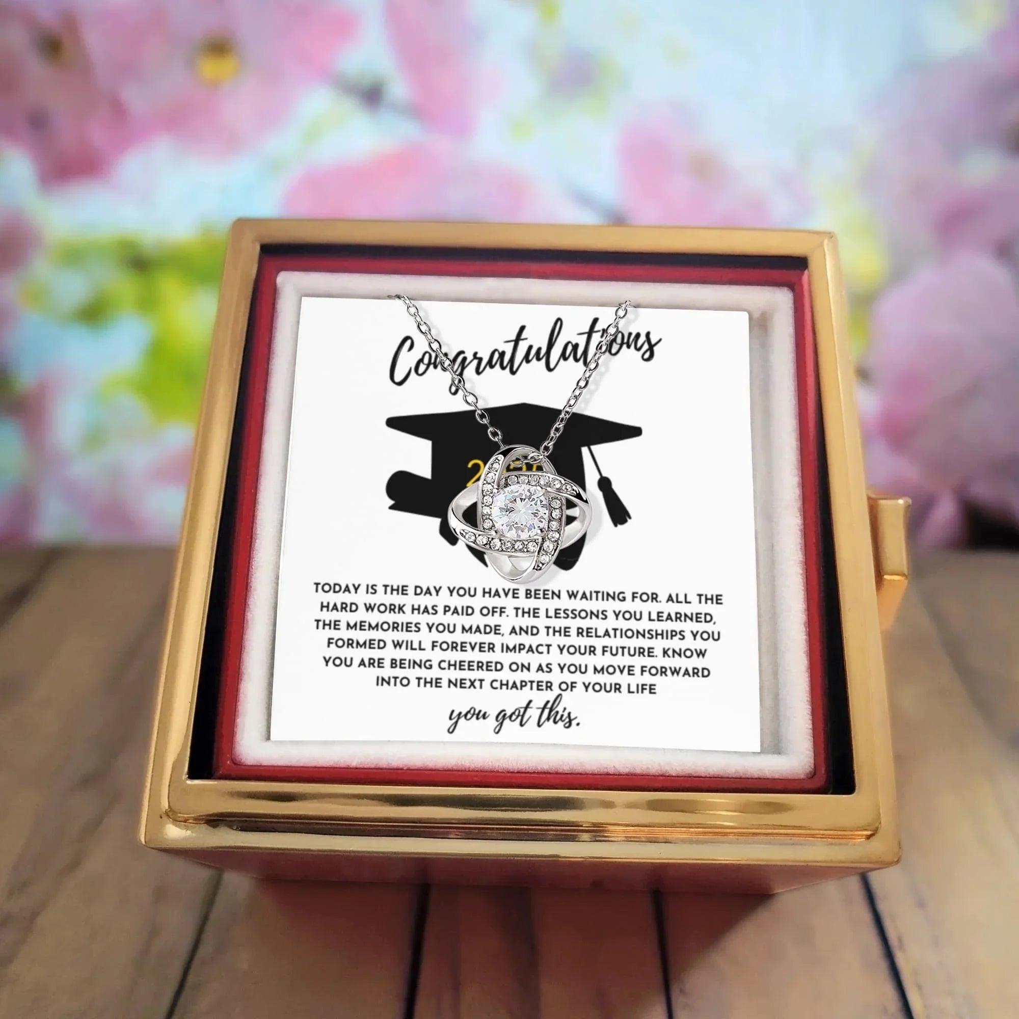 Congratulations Graduation Gift for Her – Rotating Rose Love Knot Necklace with Heartfelt Message Card – Class of 2025 Jewelry for Daughter, Granddaughter, Niece or Friend