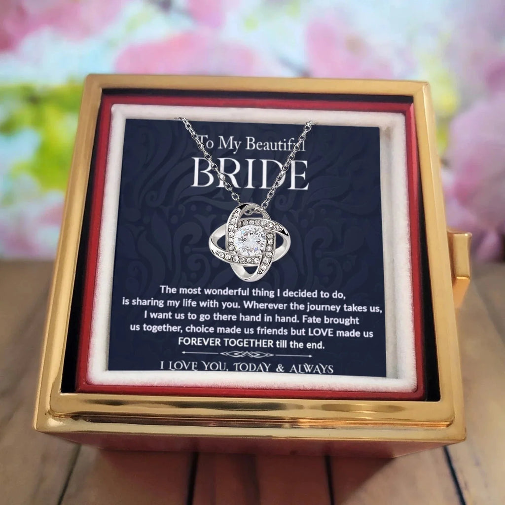 To My Beautiful Bride – Romantic Forever Together Message – Rotating Rose Love Knot Necklace Acrylic Gift Box