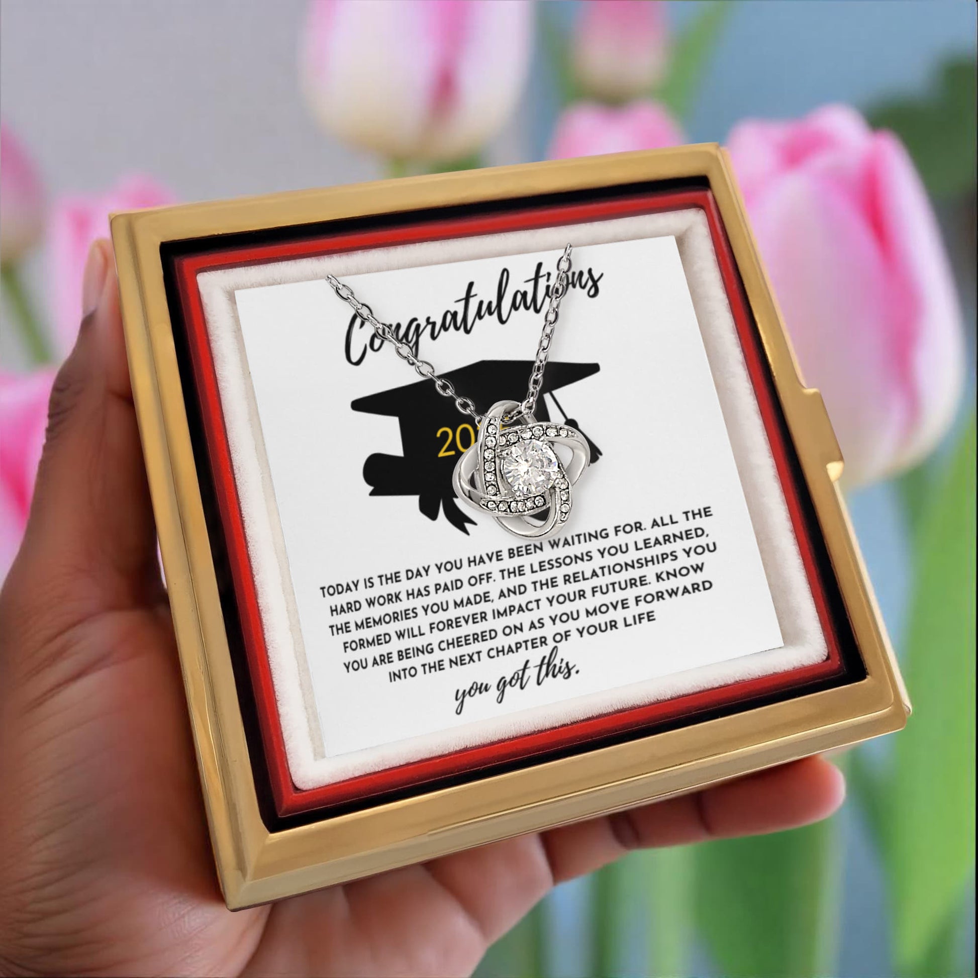 Congratulations Graduation Gift for Her – Rotating Rose Love Knot Necklace with Heartfelt Message Card – Class of 2025 Jewelry for Daughter, Granddaughter, Niece or Friend - Mallard Moon Gift Shop