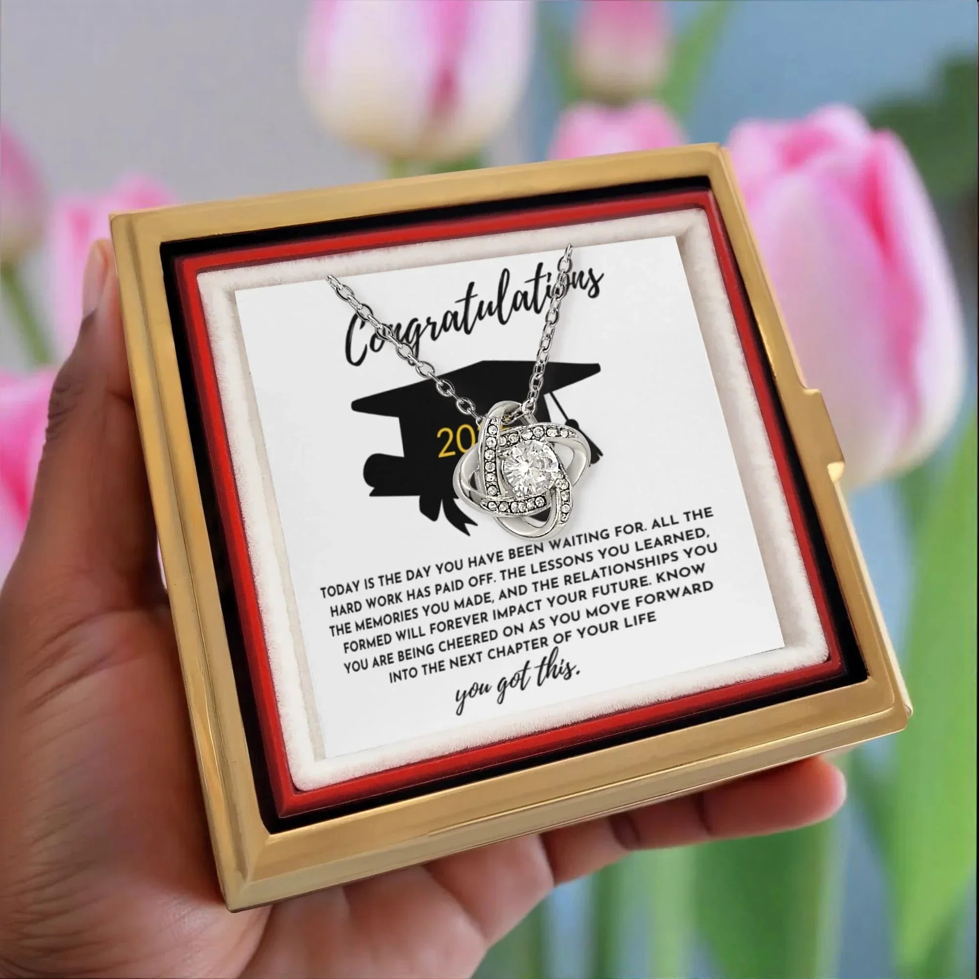 Congratulations Graduation Gift for Her – Rotating Rose Love Knot Necklace with Heartfelt Message Card – Class of 2025 Jewelry for Daughter, Granddaughter, Niece or Friend