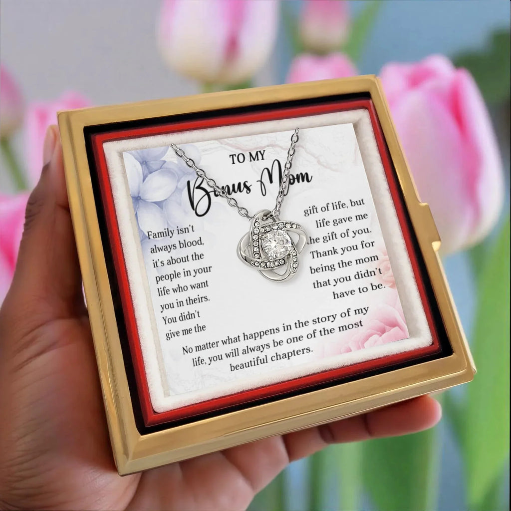 Gift for Your Bonus Mom - Beautiful Chapter - Love Knot Necklace with Rose Gift Gox