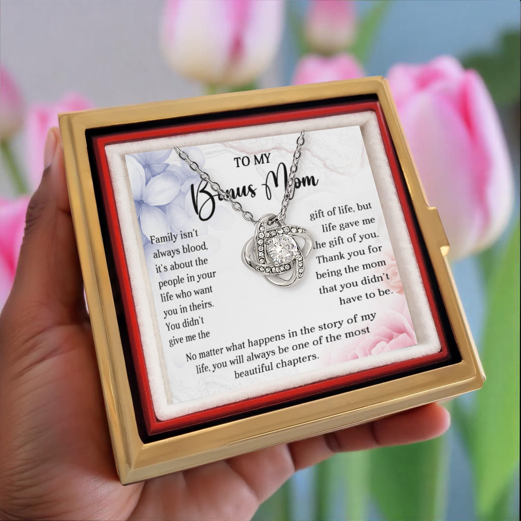 Gift for Your Bonus Mom - Beautiful Chapter - Love Knot Necklace with Rose Gift Gox - Mallard Moon Gift Shop