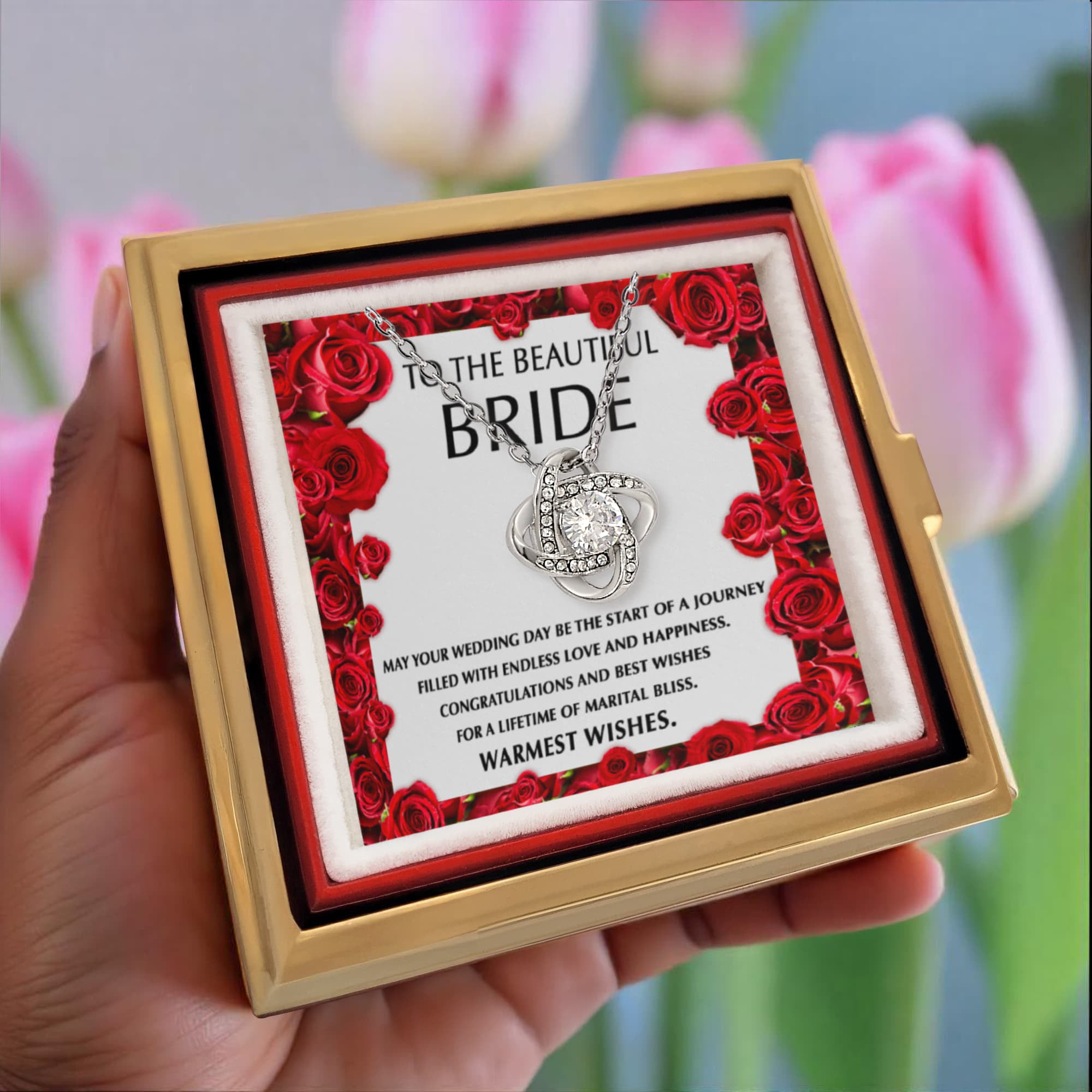 To the Beautiful Bride – Wedding Day Gift with Red Rose Message Card – Rotating Rose Love Knot Necklace for Bridal Shower or Wedding Keepsake - Mallard Moon Gift Shop