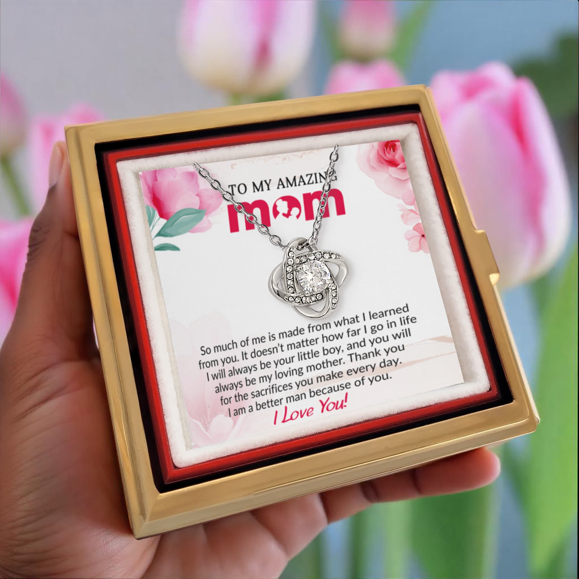 To My Mom - Because of You - Love Knot Necklace with Rose Gift Box from Son - Mallard Moon Gift Shop