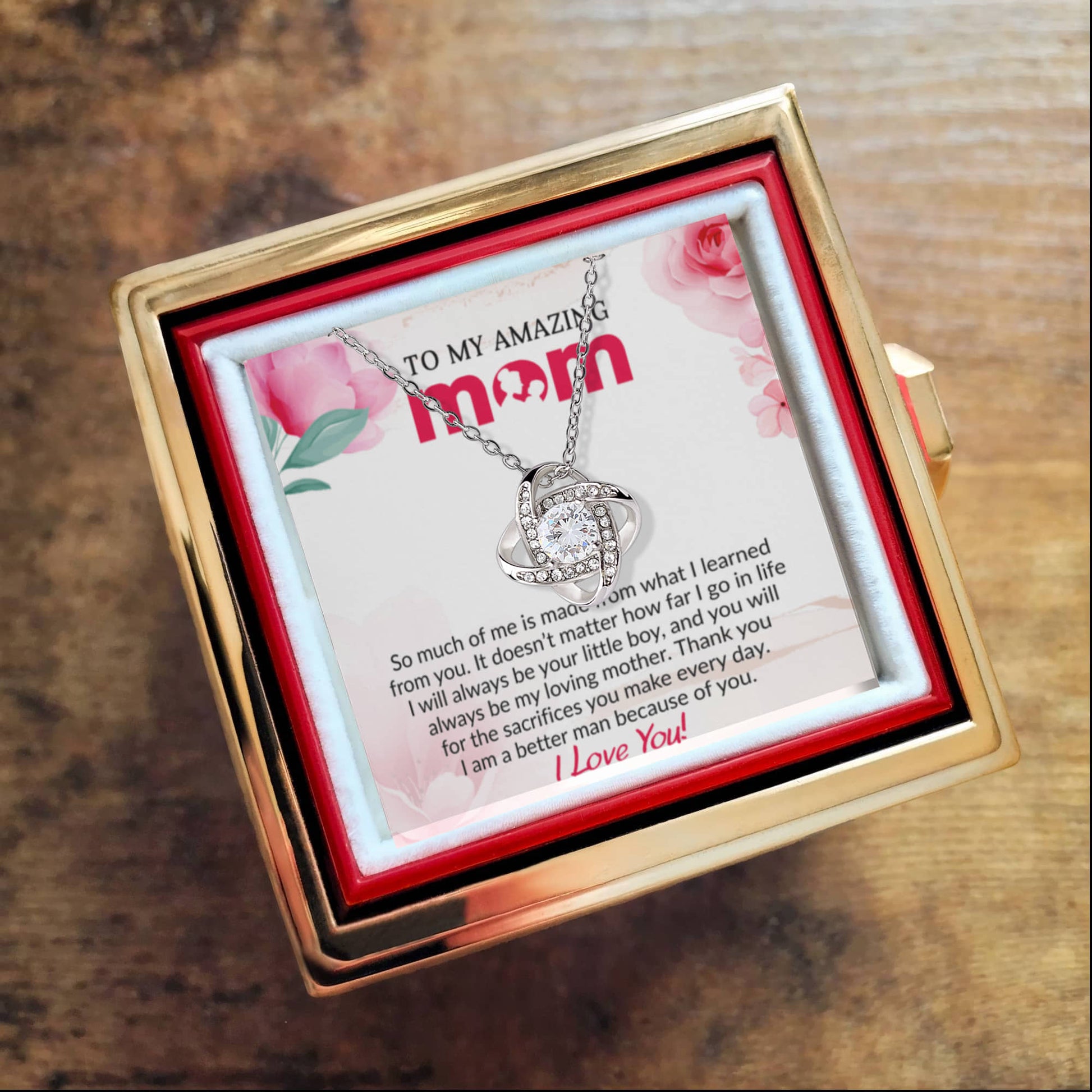 To My Mom - Because of You - Love Knot Necklace with Rose Gift Box from Son - Mallard Moon Gift Shop