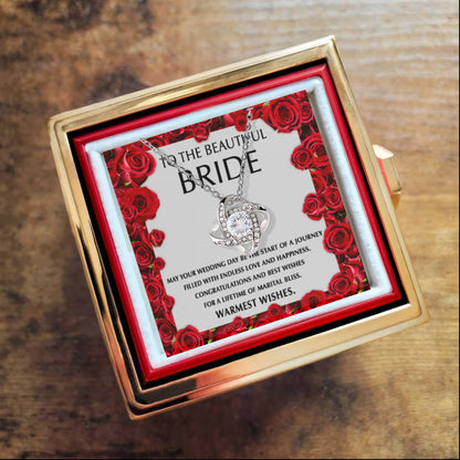 To the Beautiful Bride – Wedding Day Gift with Red Rose Message Card – Rotating Rose Love Knot Necklace for Bridal Shower or Wedding Keepsake - Mallard Moon Gift Shop
