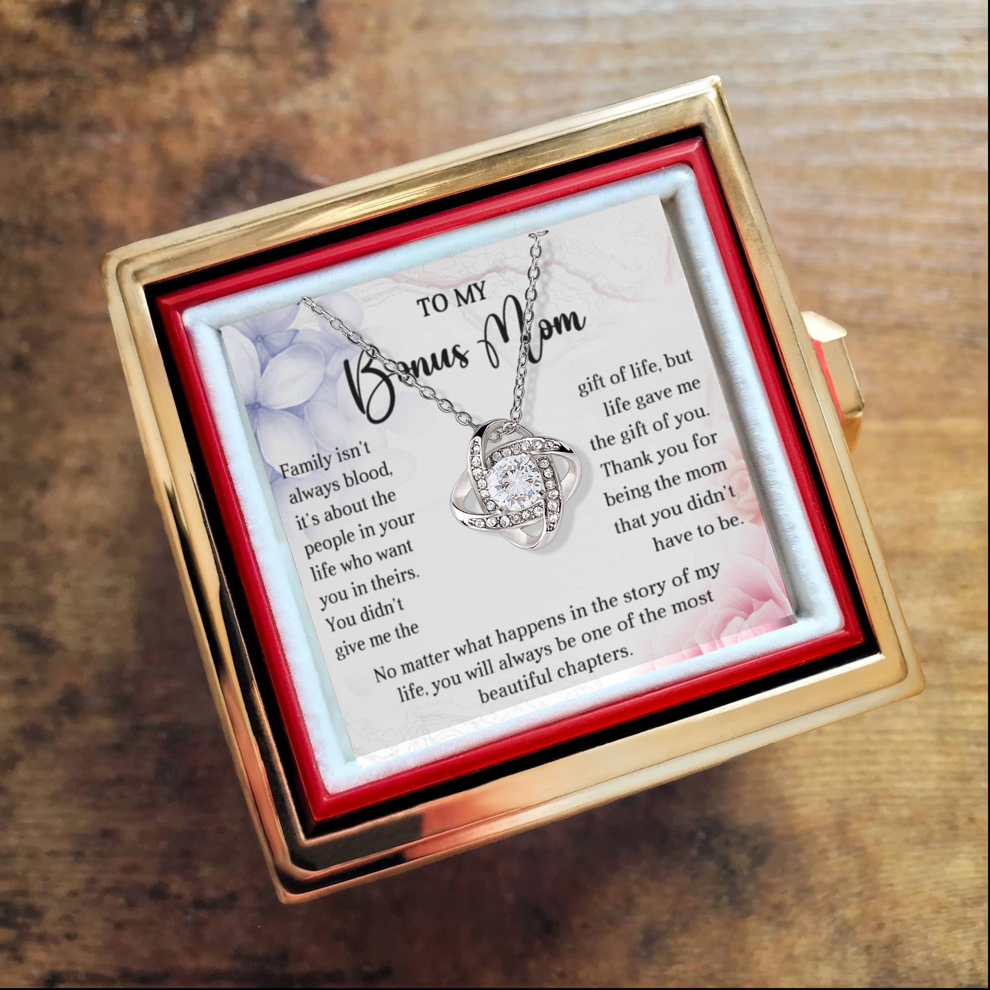Gift for Your Bonus Mom - Beautiful Chapter - Love Knot Necklace with Rose Gift Gox - Mallard Moon Gift Shop