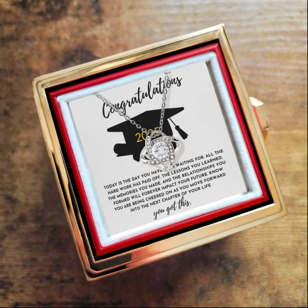 Congratulations Graduation Gift for Her – Rotating Rose Love Knot Necklace with Heartfelt Message Card – Class of 2025 Jewelry for Daughter, Granddaughter, Niece or Friend