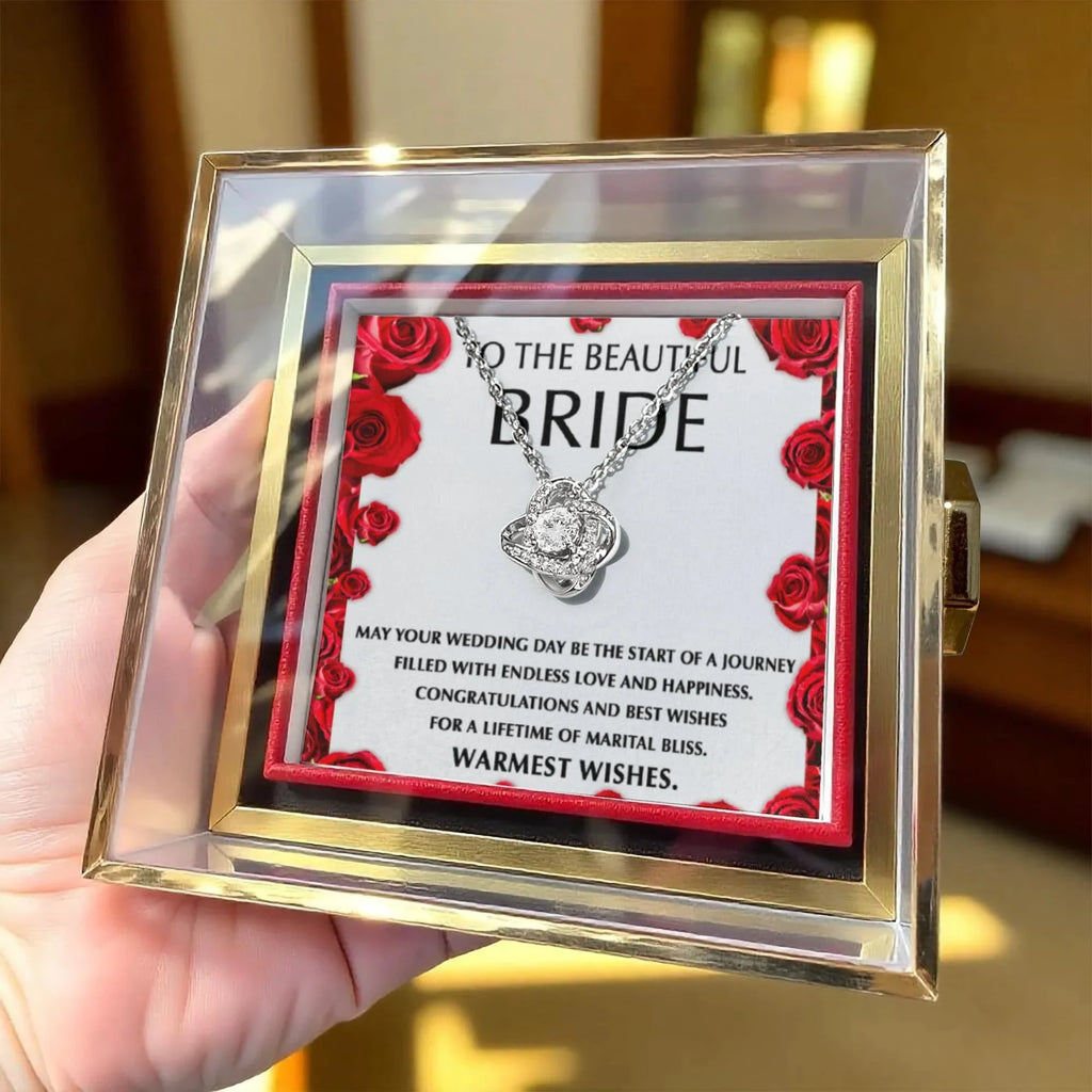 To the Beautiful Bride – Wedding Day Gift with Red Rose Message Card – Rotating Rose Love Knot Necklace for Bridal Shower or Wedding Keepsake