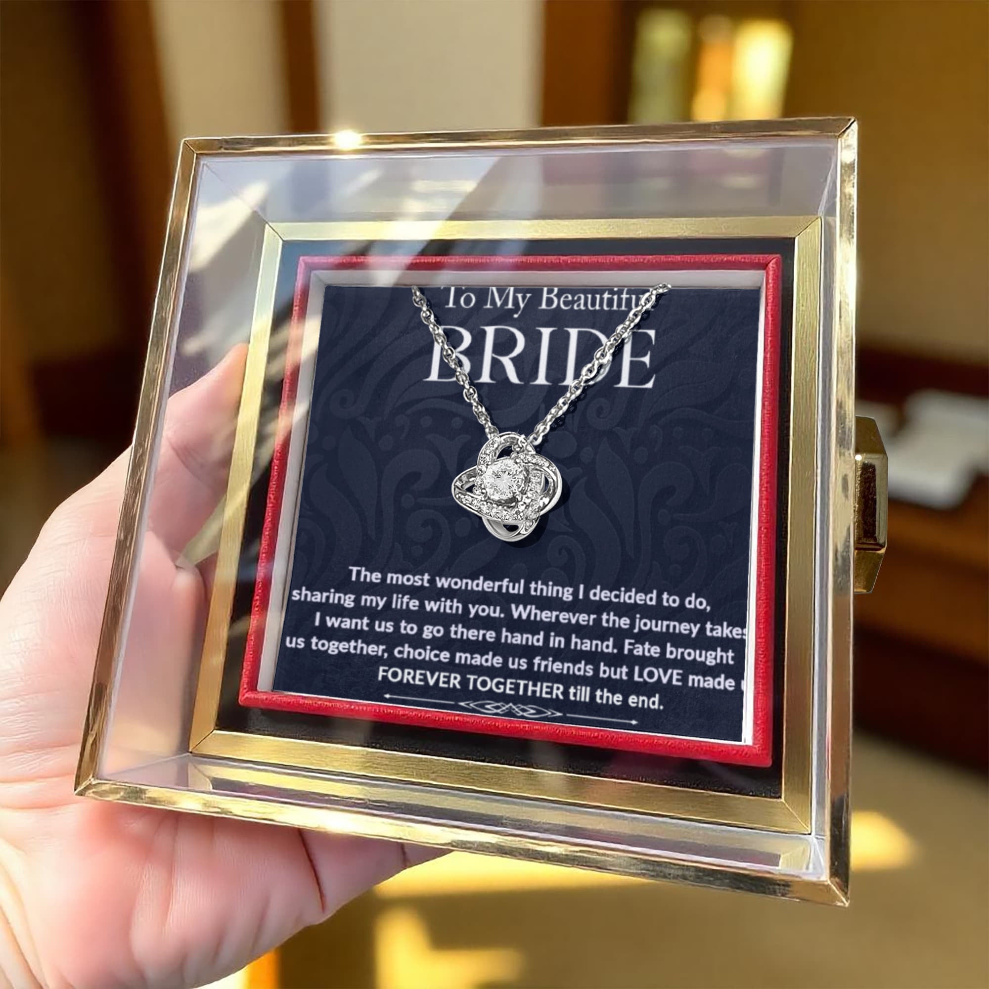 To My Beautiful Bride – Romantic Forever Together Message – Rotating Rose Love Knot Necklace Acrylic Gift Box - Mallard Moon Gift Shop