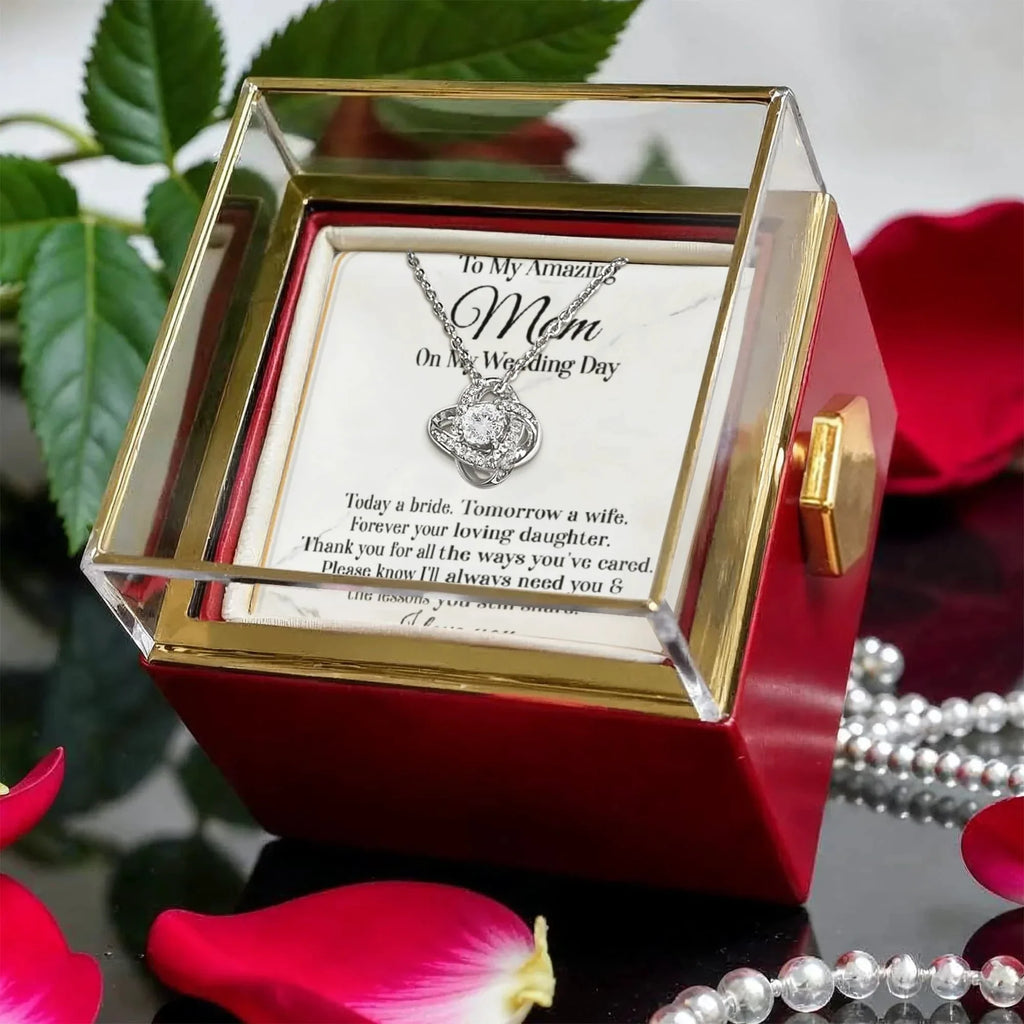 To My Amazing Mom on My Wedding Day – Elegant Rotating Rose Love Knot Necklace Gift from Daughter – Mother of the Bride Keepsake Jewelry