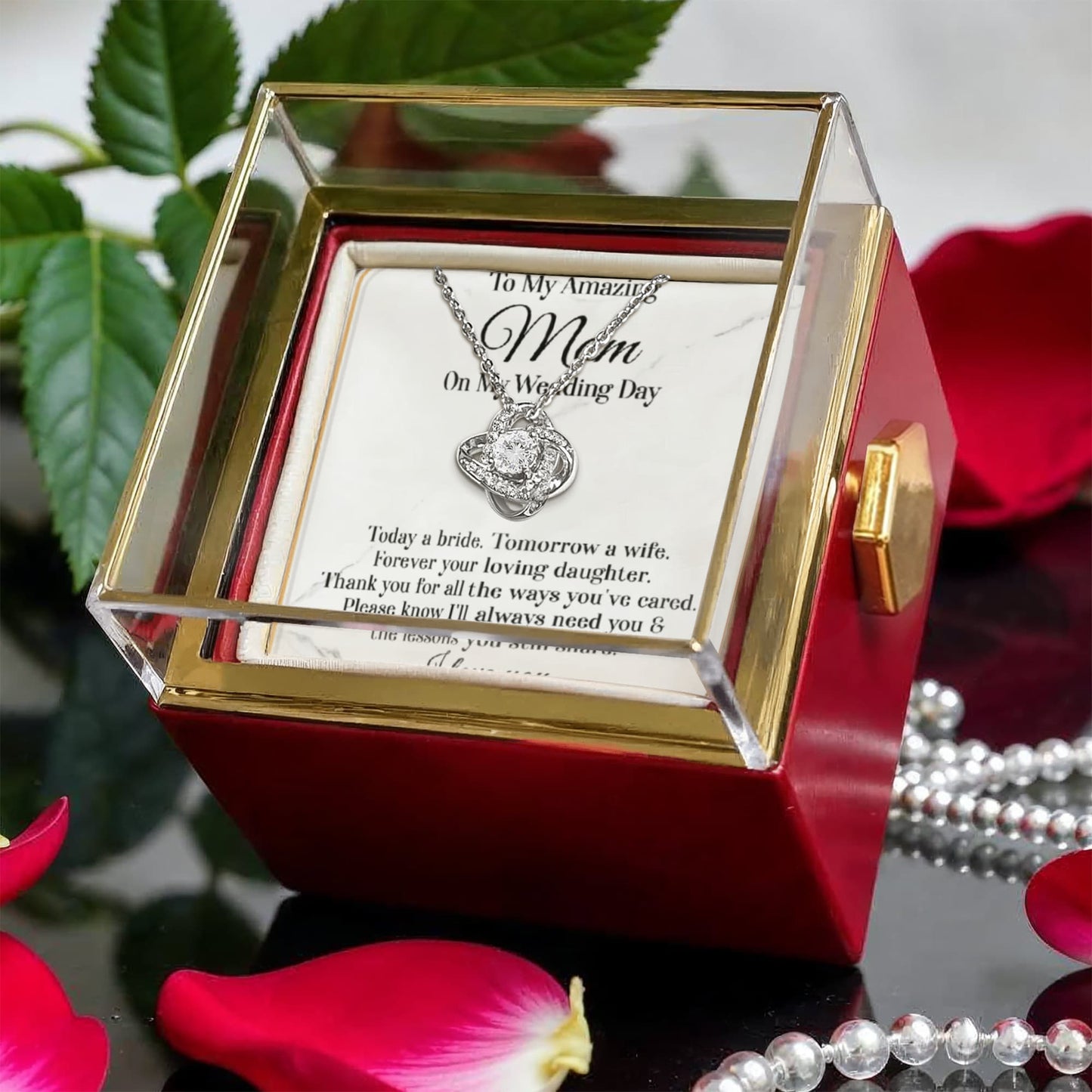 To My Amazing Mom on My Wedding Day – Elegant Rotating Rose Love Knot Necklace Gift from Daughter – Mother of the Bride Keepsake Jewelry - Mallard Moon Gift Shop