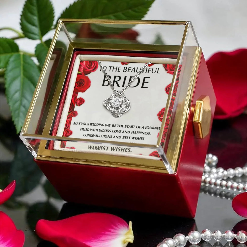 To the Beautiful Bride – Wedding Day Gift with Red Rose Message Card – Rotating Rose Love Knot Necklace for Bridal Shower or Wedding Keepsake