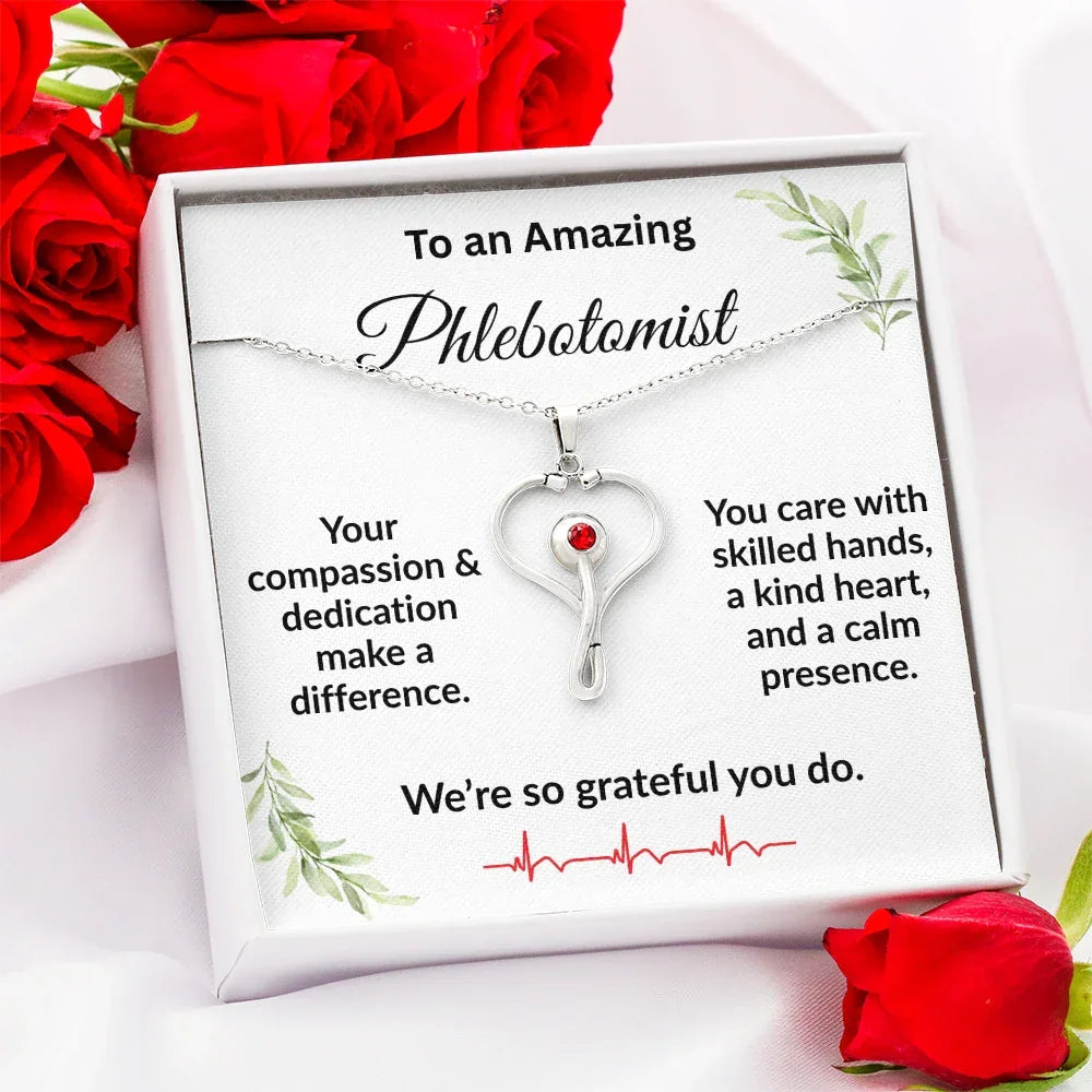 Personalized Stethoscope Heart Necklace with Custom Title – Appreciation Gift for Phlebotomist, Nurse, or Medical Professional