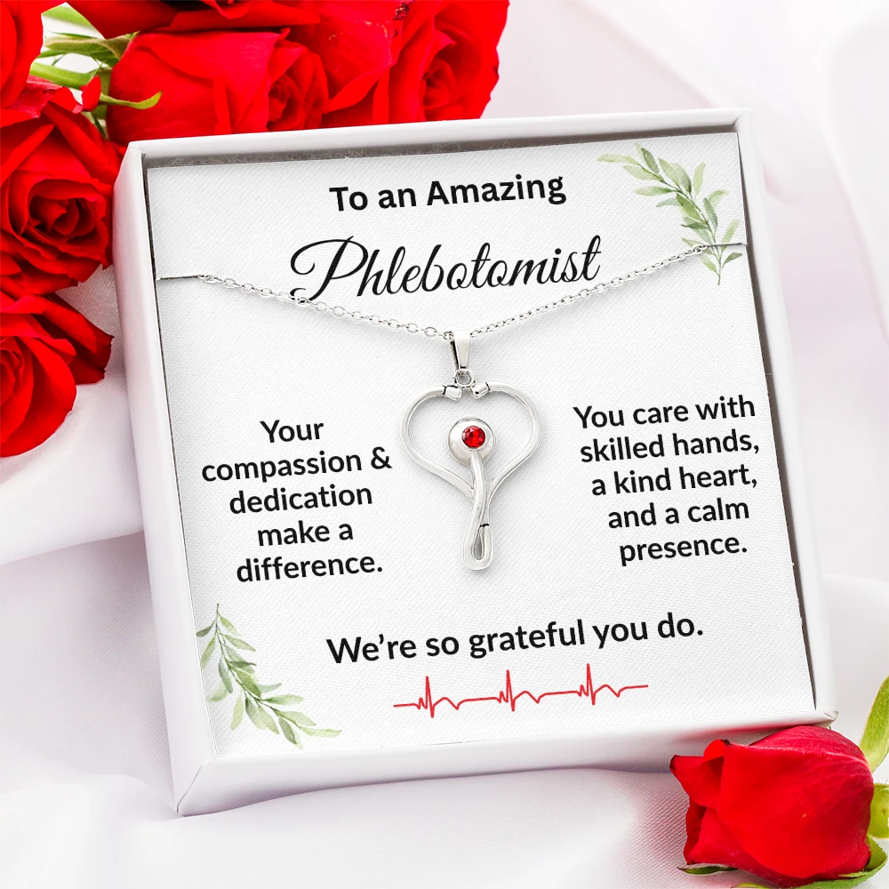 Personalized Stethoscope Heart Necklace with Custom Title – Appreciation Gift for Phlebotomist, Nurse, or Medical Professional
