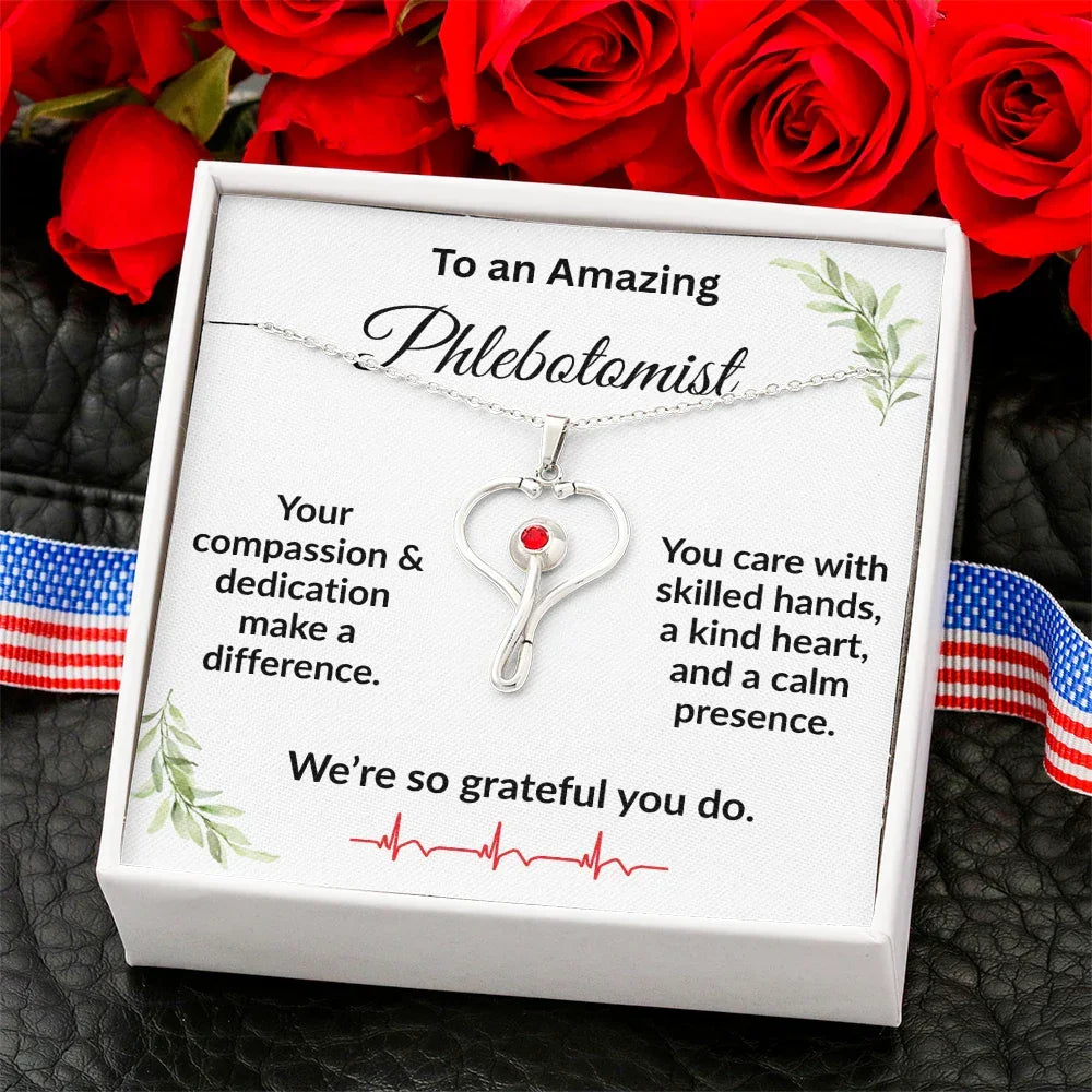 Personalized Stethoscope Heart Necklace with Custom Title – Appreciation Gift for Phlebotomist, Nurse, or Medical Professional