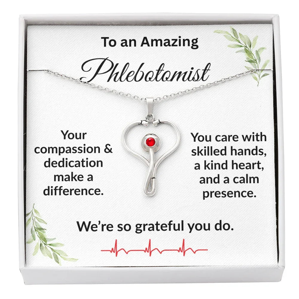 Personalized Stethoscope Heart Necklace with Custom Title – Appreciation Gift for Phlebotomist, Nurse, or Medical Professional