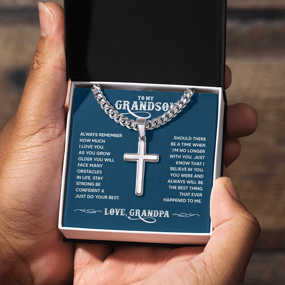 To My Grandson Personalized Cross Necklace – From Grandpa, Faith-Based Gift of Love, Strength & Belief