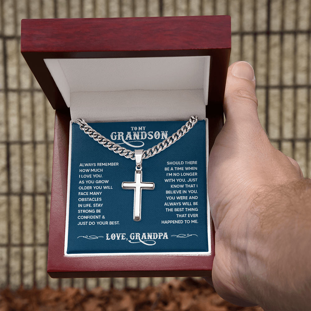 To My Grandson Personalized Cross Necklace – From Grandpa, Faith-Based Gift of Love, Strength & Belief