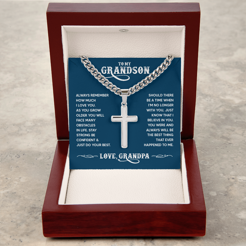 To My Grandson Personalized Cross Necklace – From Grandpa, Faith-Based Gift of Love, Strength & Belief