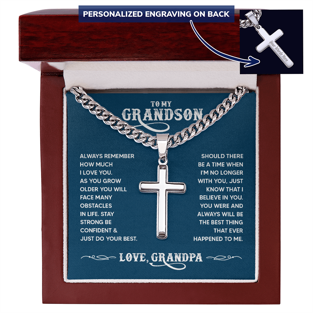 To My Grandson Personalized Cross Necklace – From Grandpa, Faith-Based Gift of Love, Strength & Belief