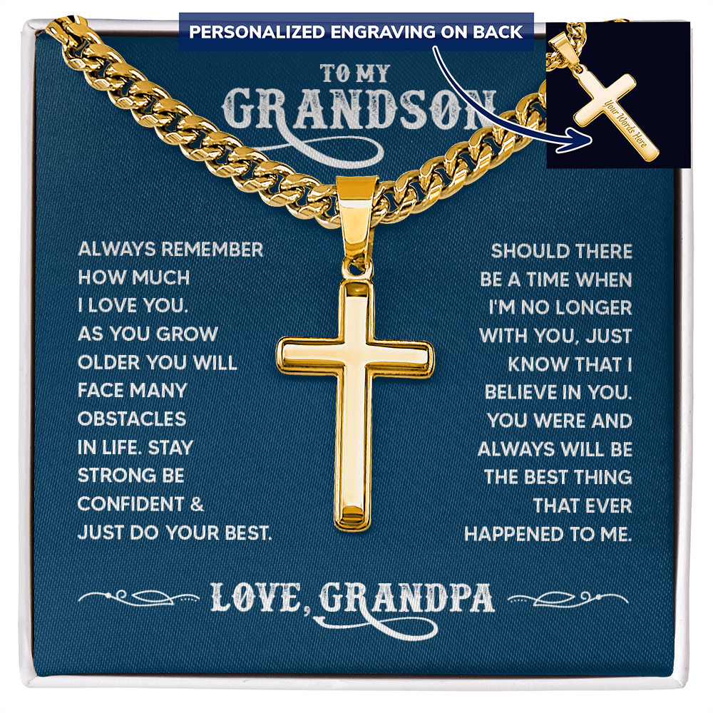 To My Grandson Personalized Cross Necklace – From Grandpa, Faith-Based Gift of Love, Strength & Belief
