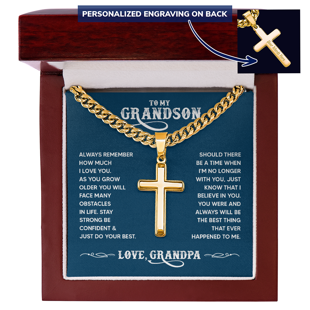 To My Grandson Personalized Cross Necklace – From Grandpa, Faith-Based Gift of Love, Strength & Belief