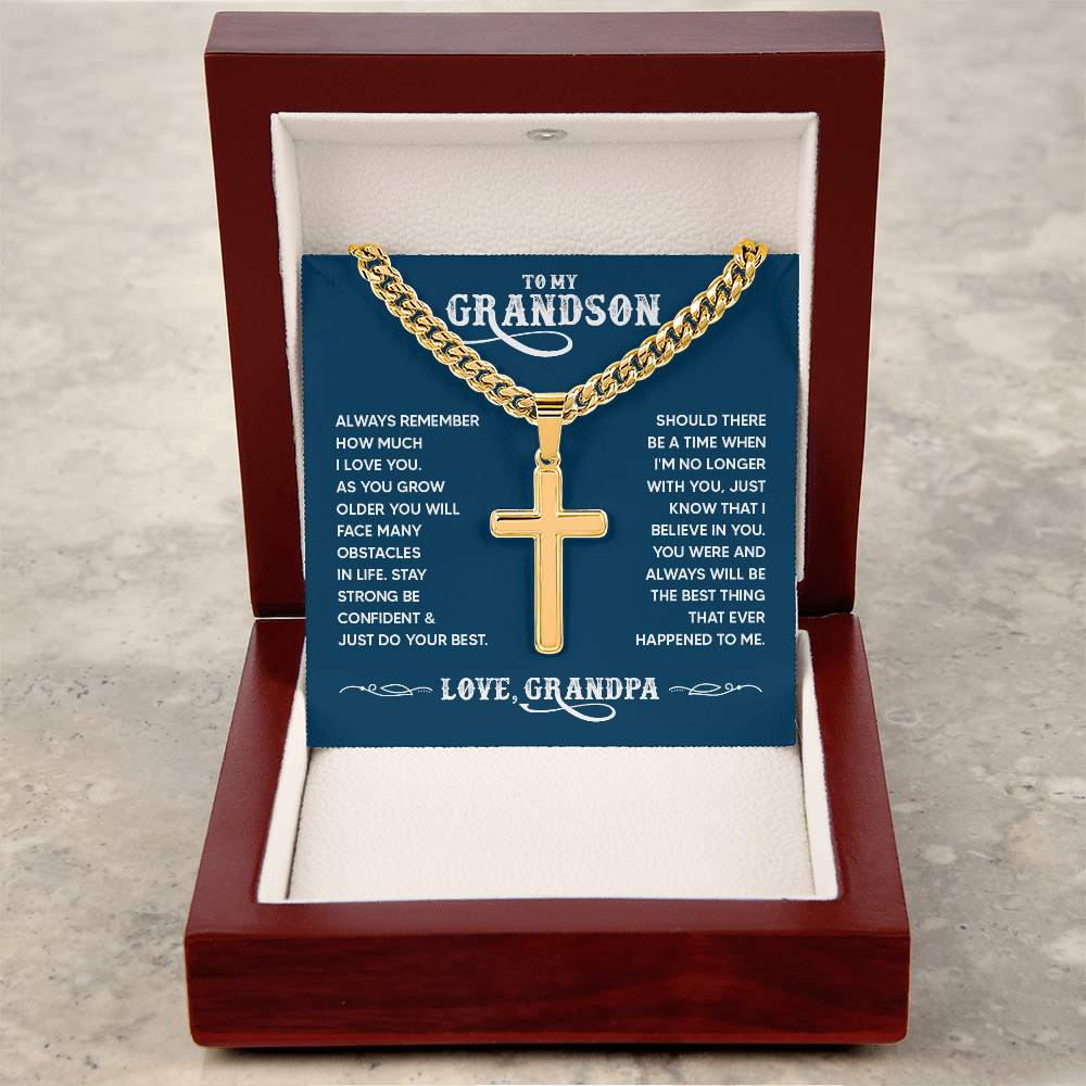 To My Grandson Personalized Cross Necklace – From Grandpa, Faith-Based Gift of Love, Strength & Belief