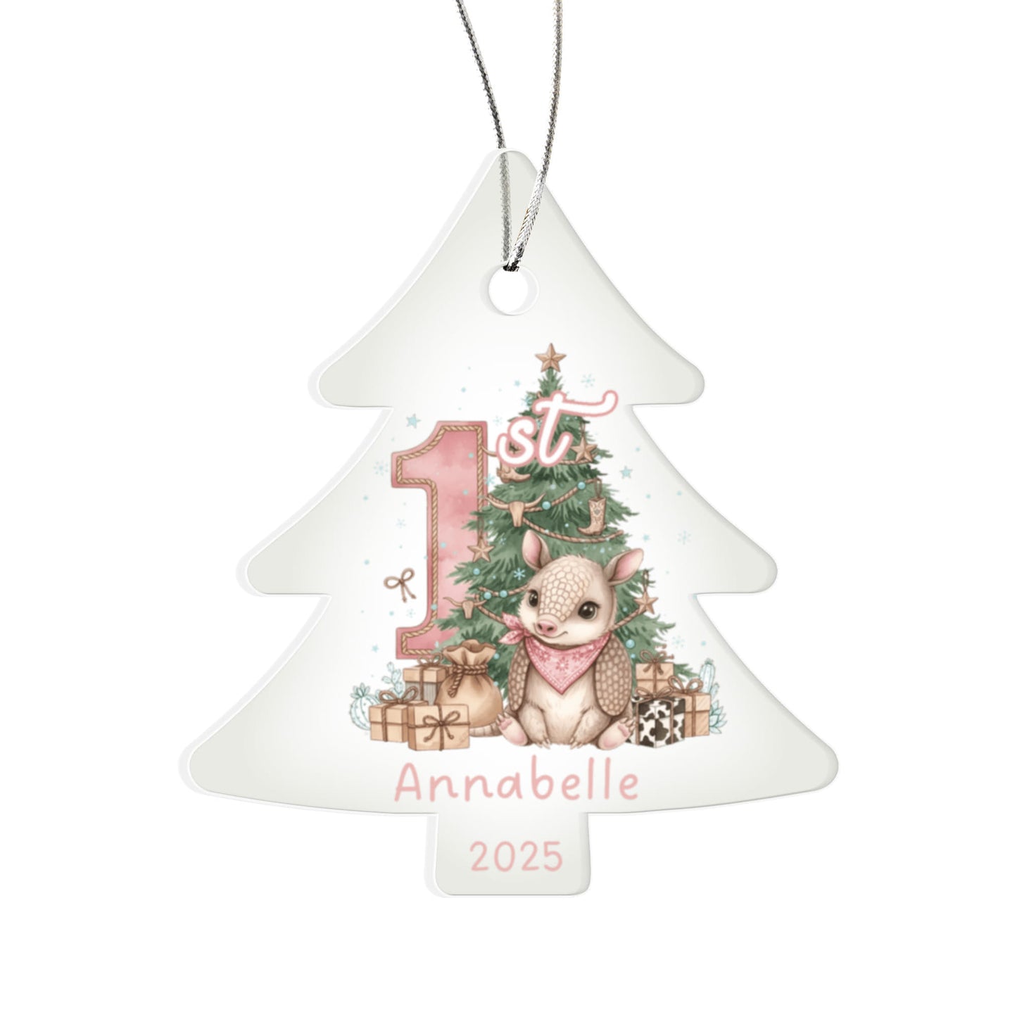 Baby's First Christmas Tree Adorable Armadillo Acrylic Ornament – Personalized Name and Year – Western Theme Holiday Keepsake – 3” Clear Round Ornament for Newborn. Infant Girls