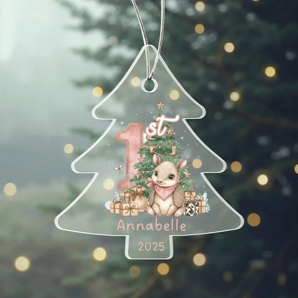 Baby's First Christmas Tree Adorable Armadillo Acrylic Ornament – Personalized Name and Year – Western Theme Holiday Keepsake – 3” Clear Round Ornament for Newborn. Infant Girls