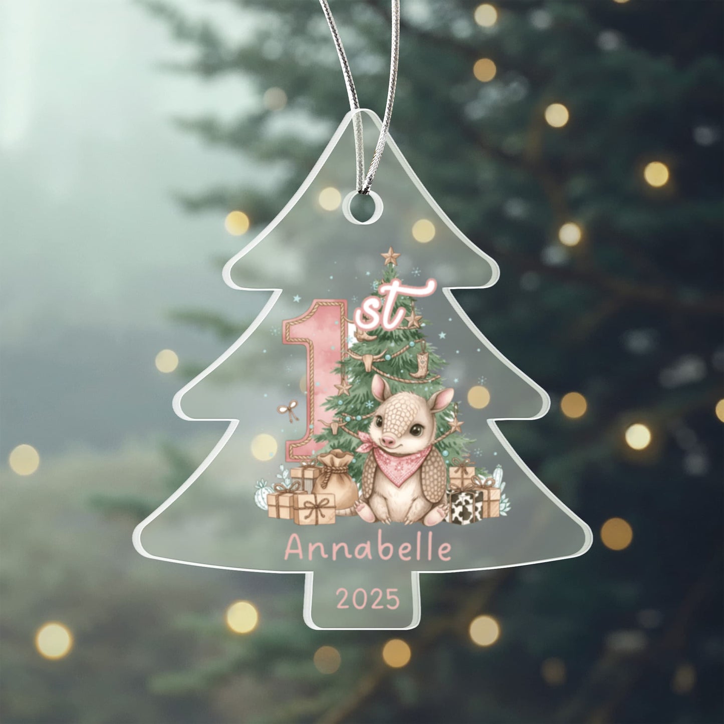 Baby's First Christmas Tree Adorable Armadillo Acrylic Ornament – Personalized Name and Year – Western Theme Holiday Keepsake – 3” Clear Round Ornament for Newborn. Infant Girls