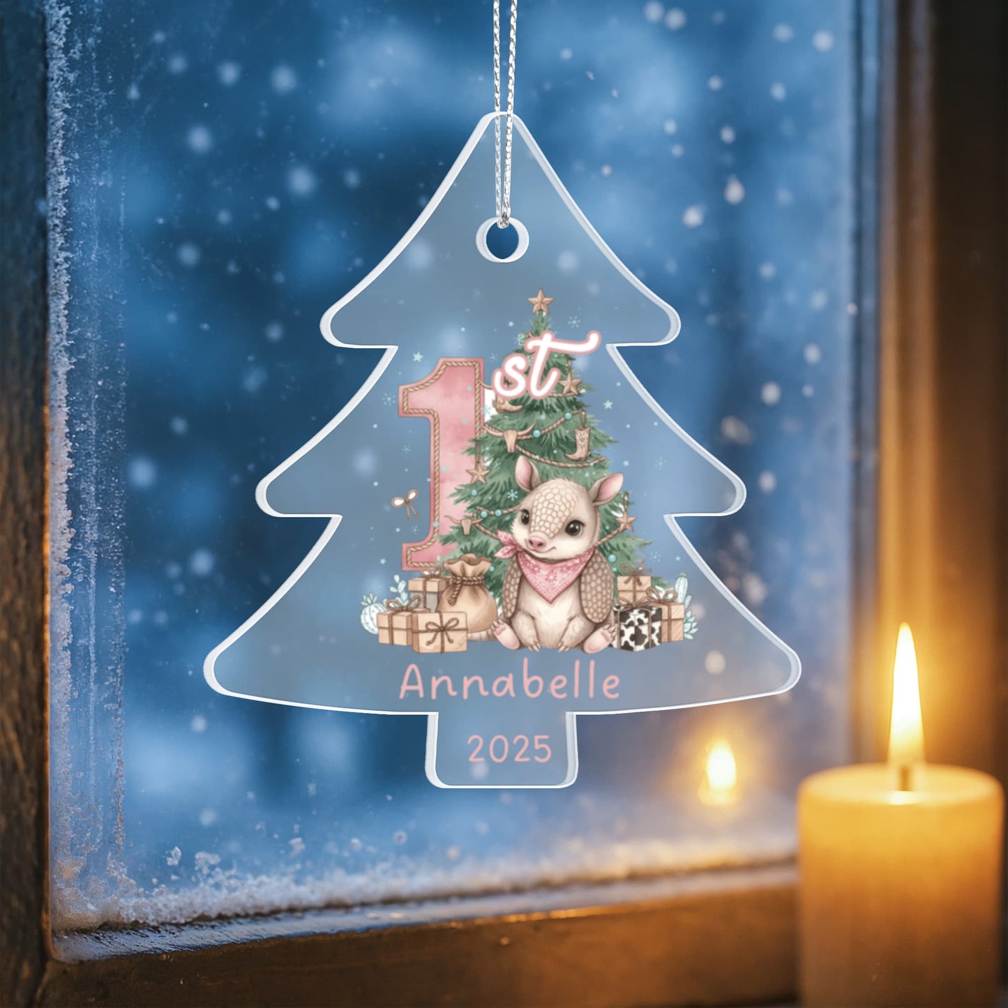 Baby's First Christmas Tree Adorable Armadillo Acrylic Ornament – Personalized Name and Year – Western Theme Holiday Keepsake – 3” Clear Round Ornament for Newborn. Infant Girls