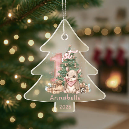 Baby's First Christmas Tree Adorable Armadillo Acrylic Ornament – Personalized Name and Year – Western Theme Holiday Keepsake – 3” Clear Round Ornament for Newborn. Infant Girls