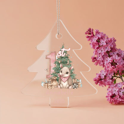 Baby's First Christmas Tree Adorable Armadillo Acrylic Ornament – Personalized Name and Year – Western Theme Holiday Keepsake – 3” Clear Round Ornament for Newborn. Infant Girls