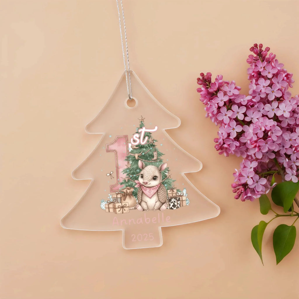 Baby's First Christmas Tree Adorable Armadillo Acrylic Ornament – Personalized Name and Year – Western Theme Holiday Keepsake – 3” Clear Round Ornament for Newborn. Infant Girls