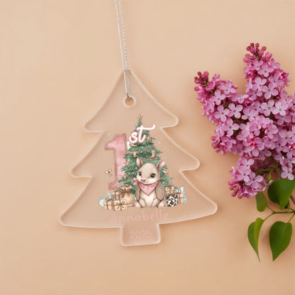 Baby's First Christmas Tree Adorable Armadillo Acrylic Ornament – Personalized Name and Year – Western Theme Holiday Keepsake – 3” Clear Round Ornament for Newborn. Infant Girls
