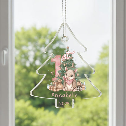 Baby's First Christmas Tree Adorable Armadillo Acrylic Ornament – Personalized Name and Year – Western Theme Holiday Keepsake – 3” Clear Round Ornament for Newborn. Infant Girls
