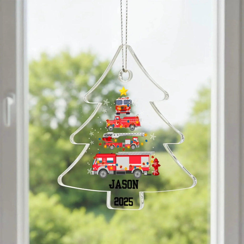 Personalized Firetruck Christmas Tree Ornament – Custom Name Firefighter Holiday Acrylic Keepsake 2025