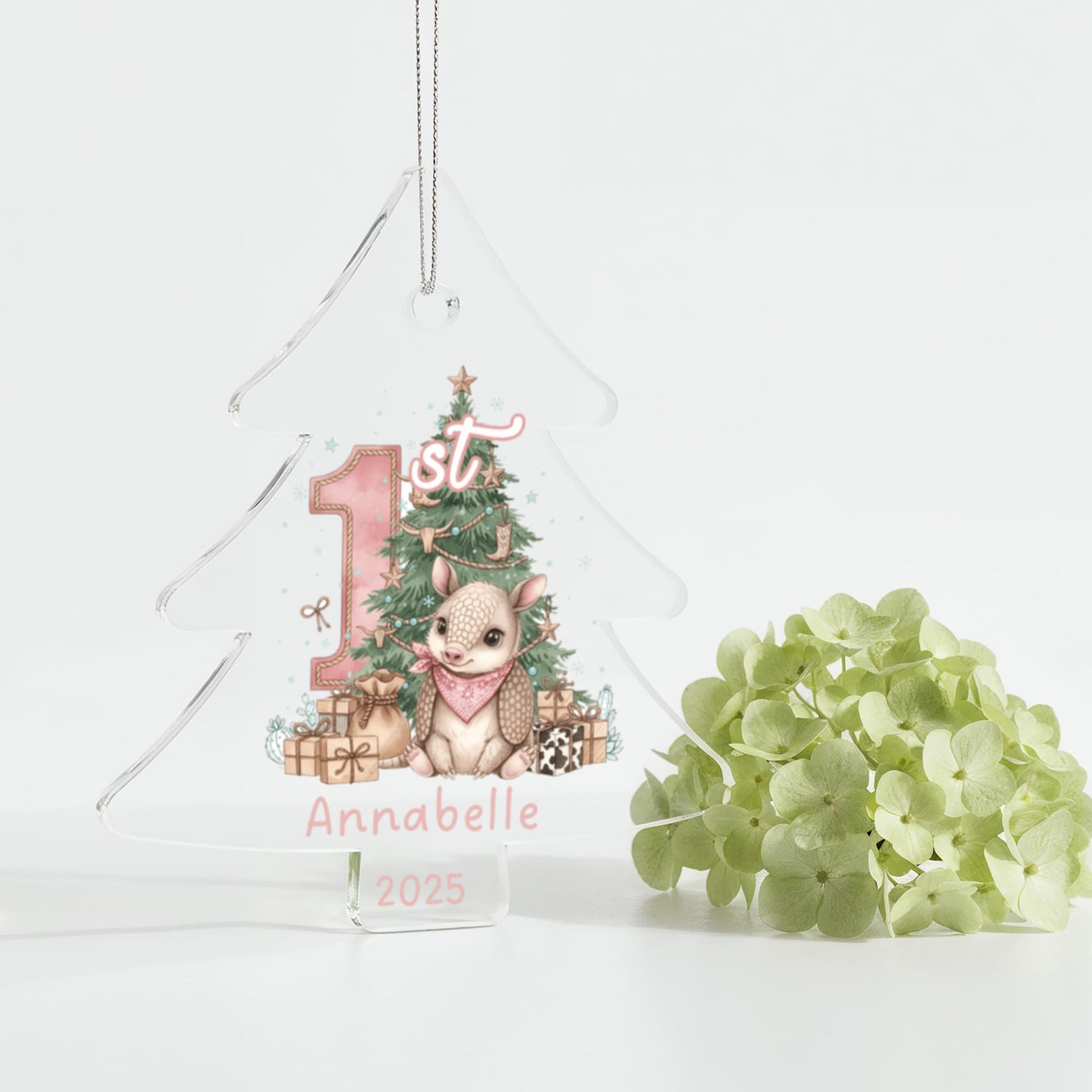 Baby's First Christmas Tree Adorable Armadillo Acrylic Ornament – Personalized Name and Year – Western Theme Holiday Keepsake – 3” Clear Round Ornament for Newborn. Infant Girls