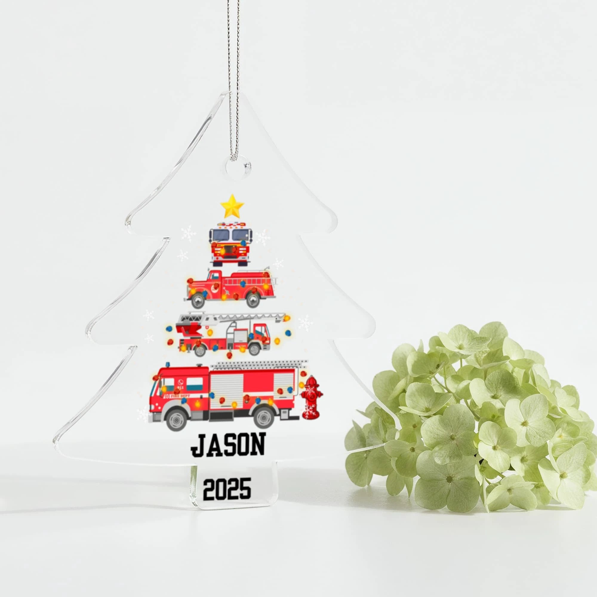 Personalized Firetruck Christmas Tree Ornament – Custom Name Firefighter Holiday Acrylic Keepsake 2025
