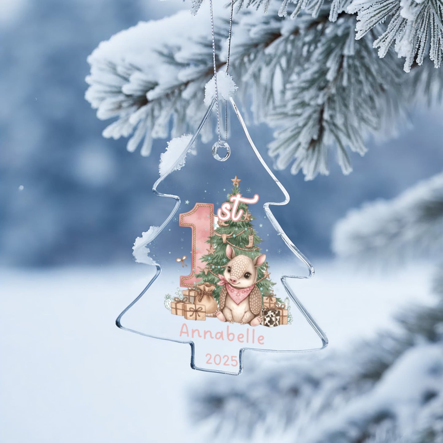 Baby's First Christmas Tree Adorable Armadillo Acrylic Ornament – Personalized Name and Year – Western Theme Holiday Keepsake – 3” Clear Round Ornament for Newborn. Infant Girls